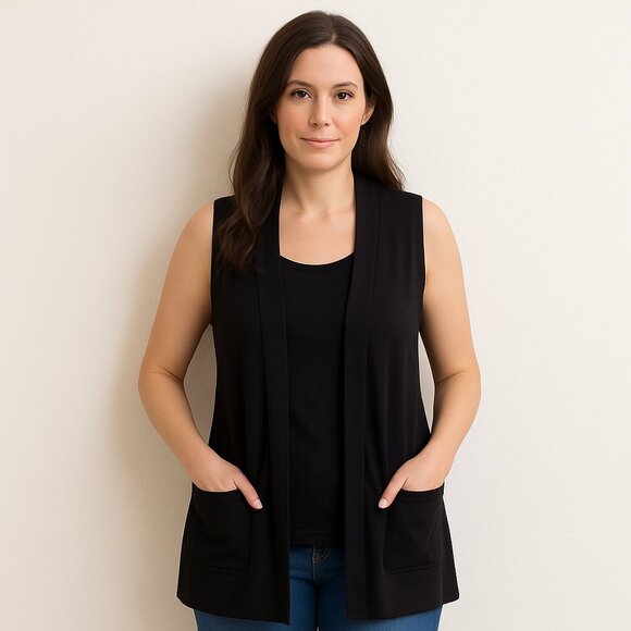 BACKDROP | Black Long Sleeveless Cardigan Sweater - Picture 1 of 6